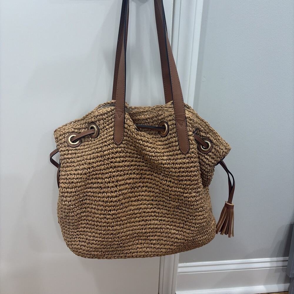 Tommy Bahama Straw Woven Tote Shoulder Bag Natural Brown